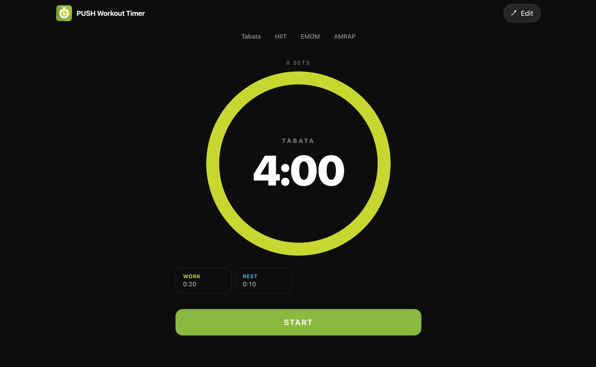 Push! Workout Timer running in a browser